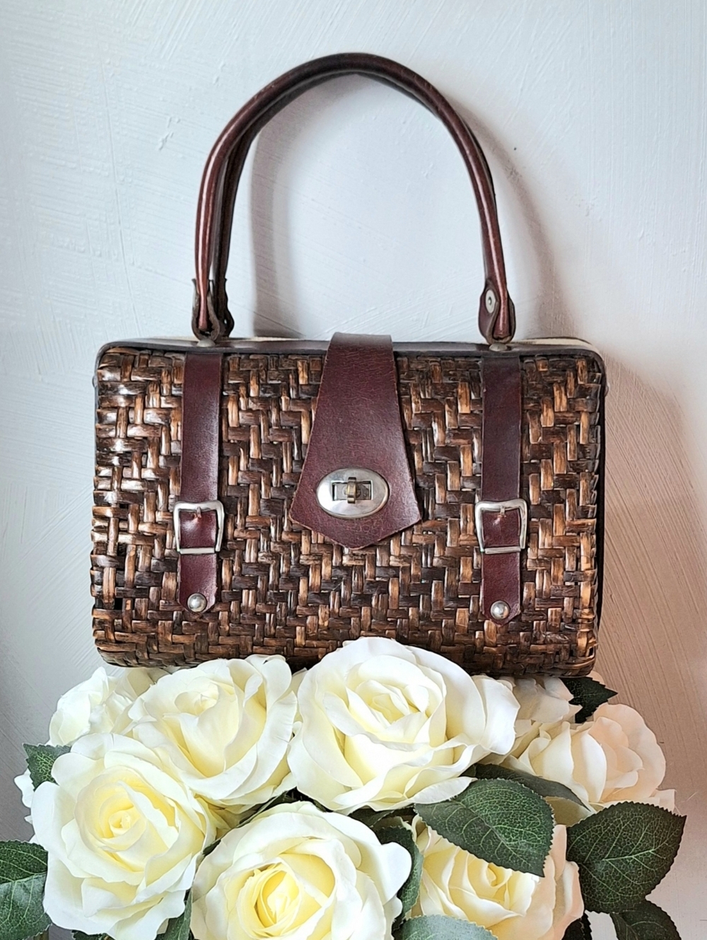 Vintage, Woven Wicker Satchel with Leather and Burlap, Made in Spain